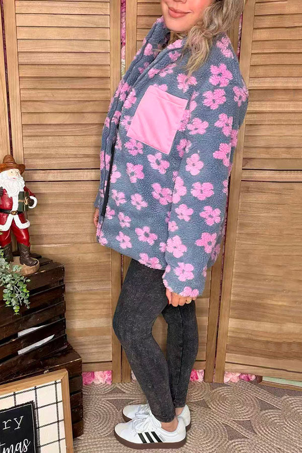 Pink & Grey Floral Sherpa Women's Jacket