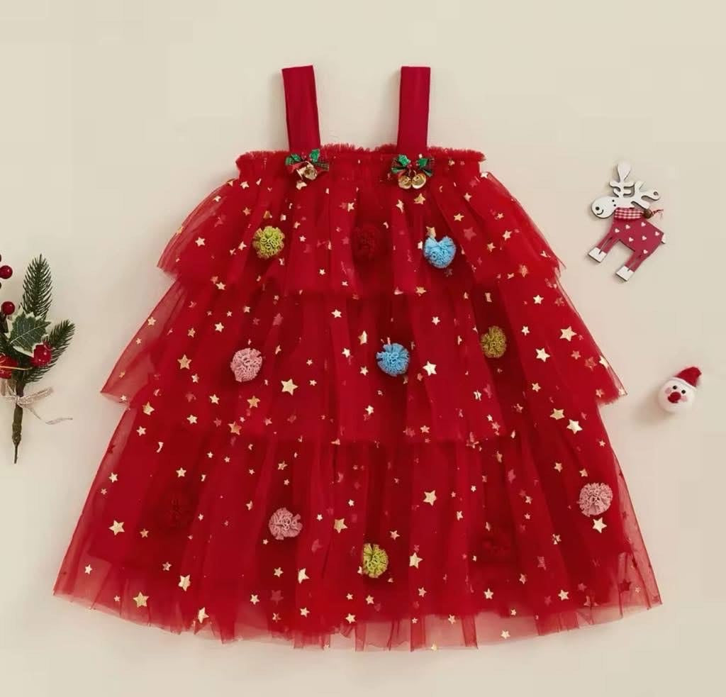 Holiday Pom Pom Tiered Dress