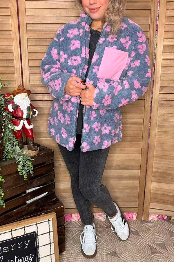 Pink & Grey Floral Sherpa Women's Jacket