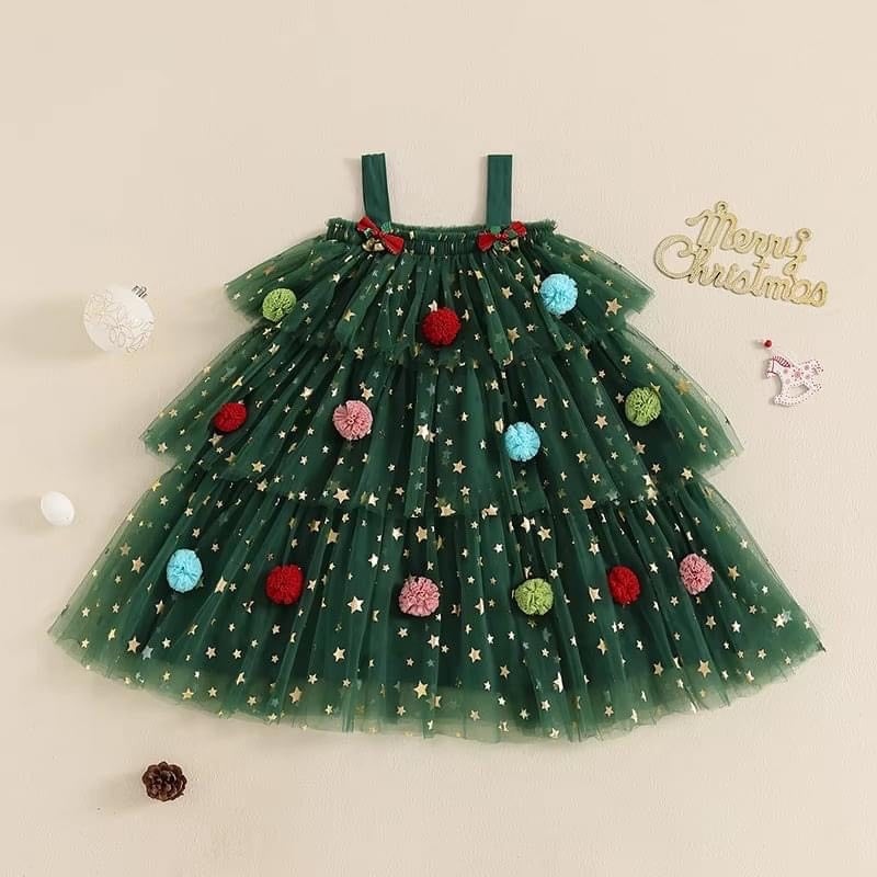 Holiday Pom Pom Tiered Dress